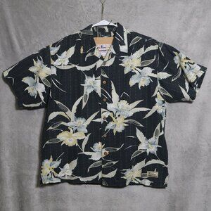 Vintage Tommy Bahama Shirt Men Large Black Stripe Floral Hawaiian Camp Button Up